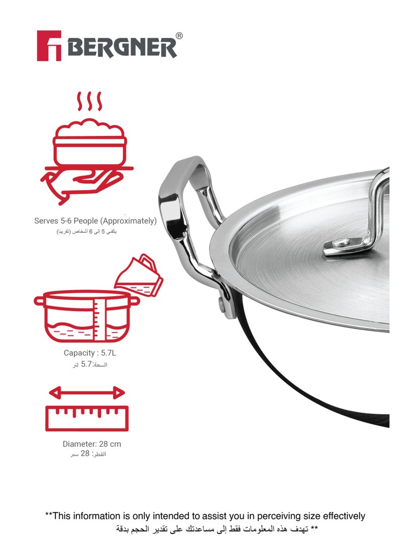 Bergner Argent 28cm (5.7L) Tri-Ply Stainless Steel Deep Stir-Fry Pan, Multipurpose Curry Pan with Lid, Less Oil Use Healthy Cooking, Food Safe, Stay-Cool Handles, Induction & Gas Stove Compatible - Image 2
